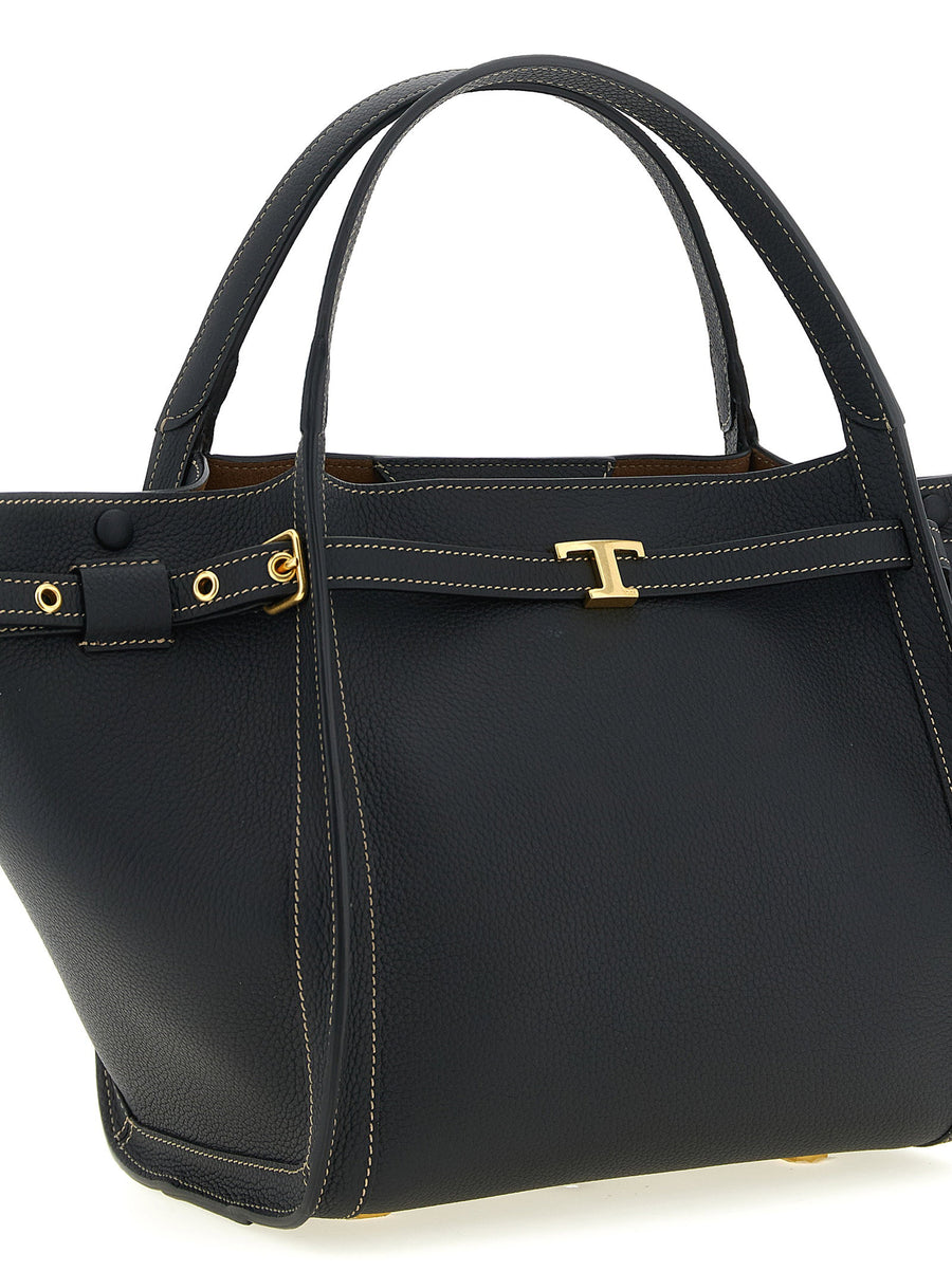 Tod's Small Tim Shopping Bag Black Hammered Calf Leather Compact Everyday Tote for Women
