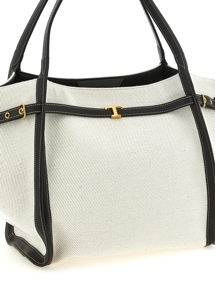 Tod's Tim Shopping Bag Medium Linen Blend With Calfskin Leather Multicolor For Women