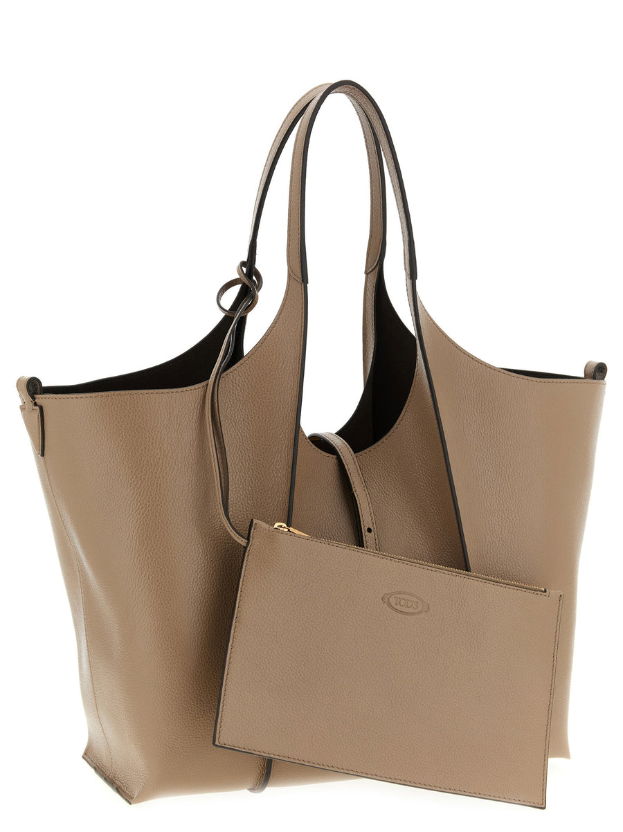 Tod's T Timeless Shopping Bag Beige Calfskin With Hammered Leather Panels For Women Elegant Everyday Luxury