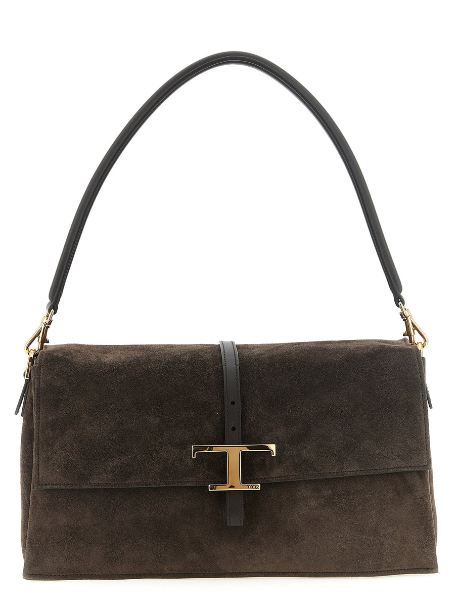 Tod's Flap T Timeless Suede And Calfskin Shoulder Bag Brown