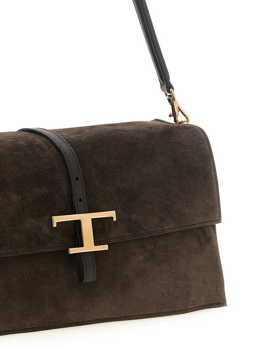 Tod's Flap T Timeless Suede And Calfskin Shoulder Bag Brown