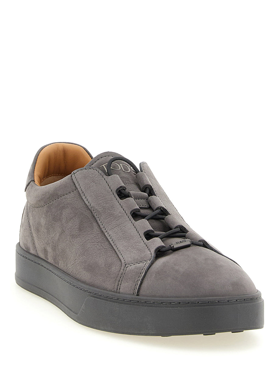 Tod's Gray Nubuck Sneakers Calfskin Leather For Men With Elastic Logo Plate