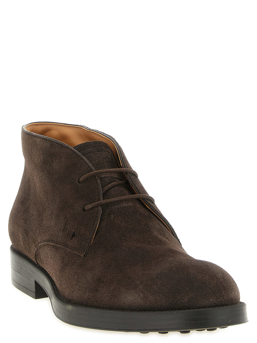Tod's Men's Brown Suede Ankle Boots Monogram Detail Calfskin Leather Lining Lace Up Premium Luxury Everyday Wear