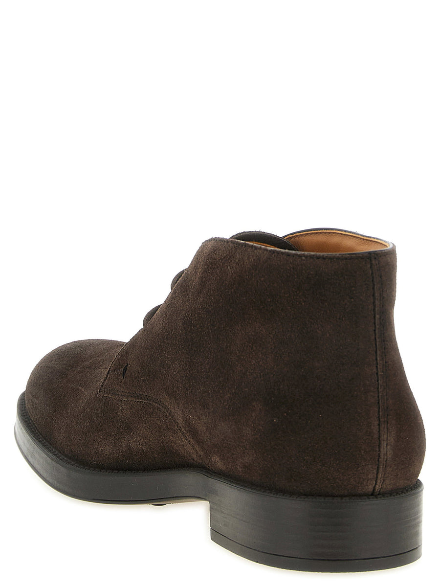 Tod's Men's Brown Suede Ankle Boots Monogram Detail Calfskin Leather Lining Lace Up Premium Luxury Everyday Wear