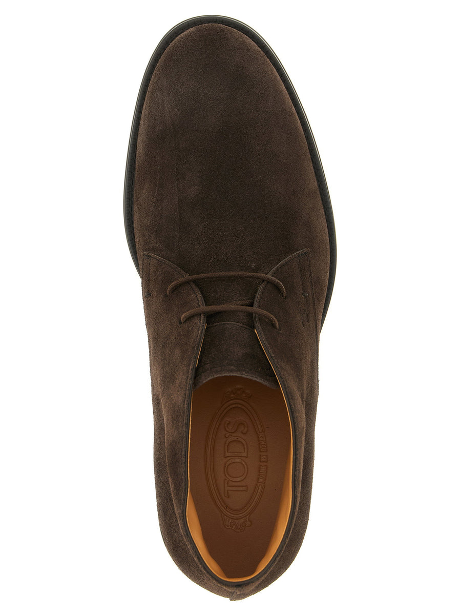 Tod's Men's Brown Suede Ankle Boots Monogram Detail Calfskin Leather Lining Lace Up Premium Luxury Everyday Wear