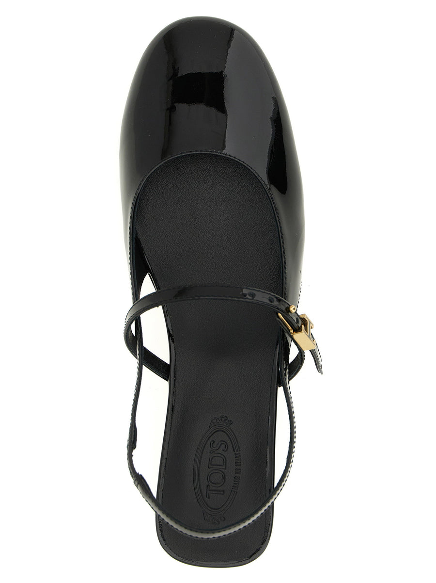 Tod's Mary Jane Patent Ballet Flats For Women With Adjustable Buckle Strap Luxurious Black Calfskin