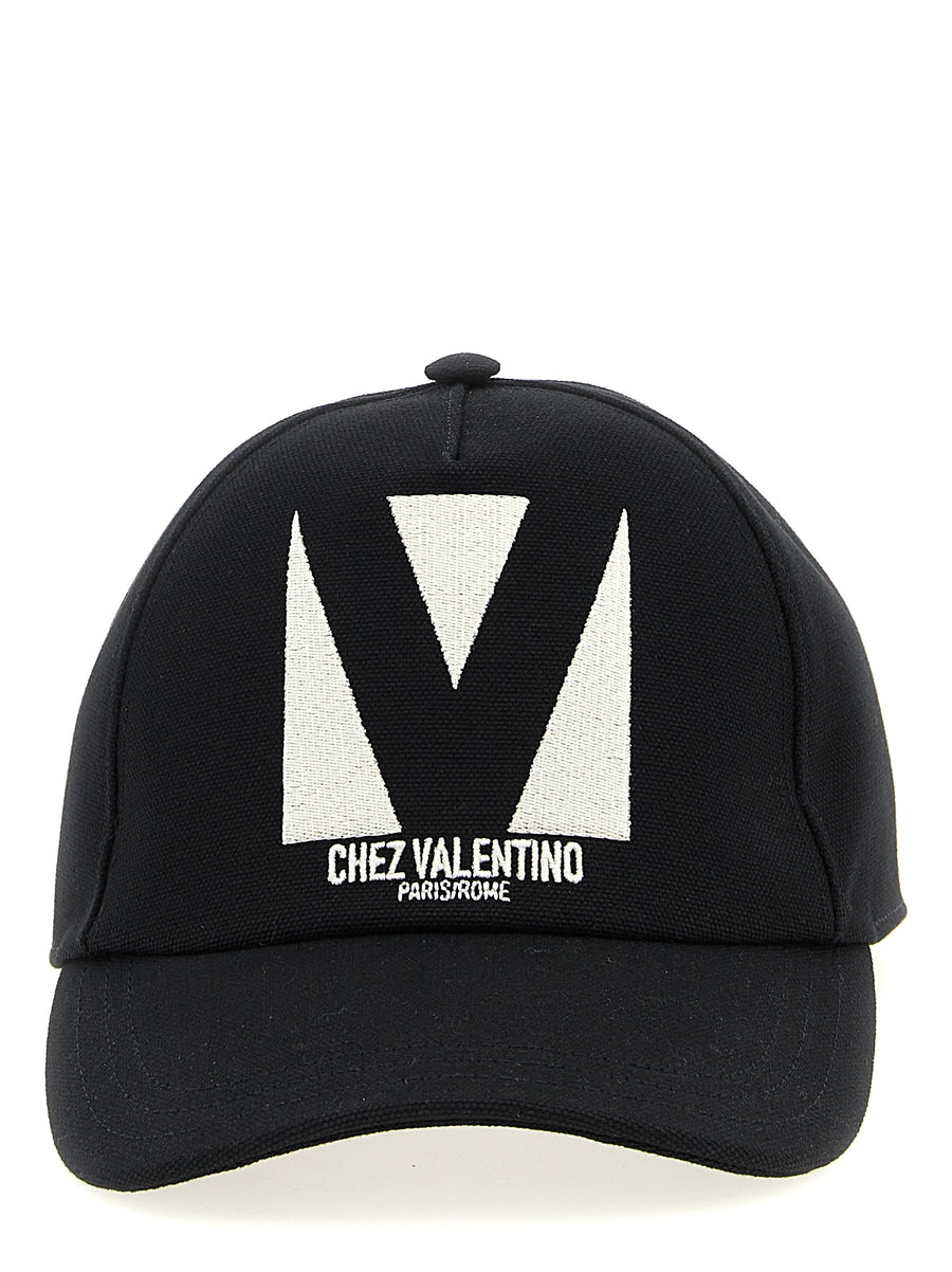 Valentino Garavani Chez Valentino Cap For Men, Black Cotton Hat With Front Embroidery And Adjustable Back
