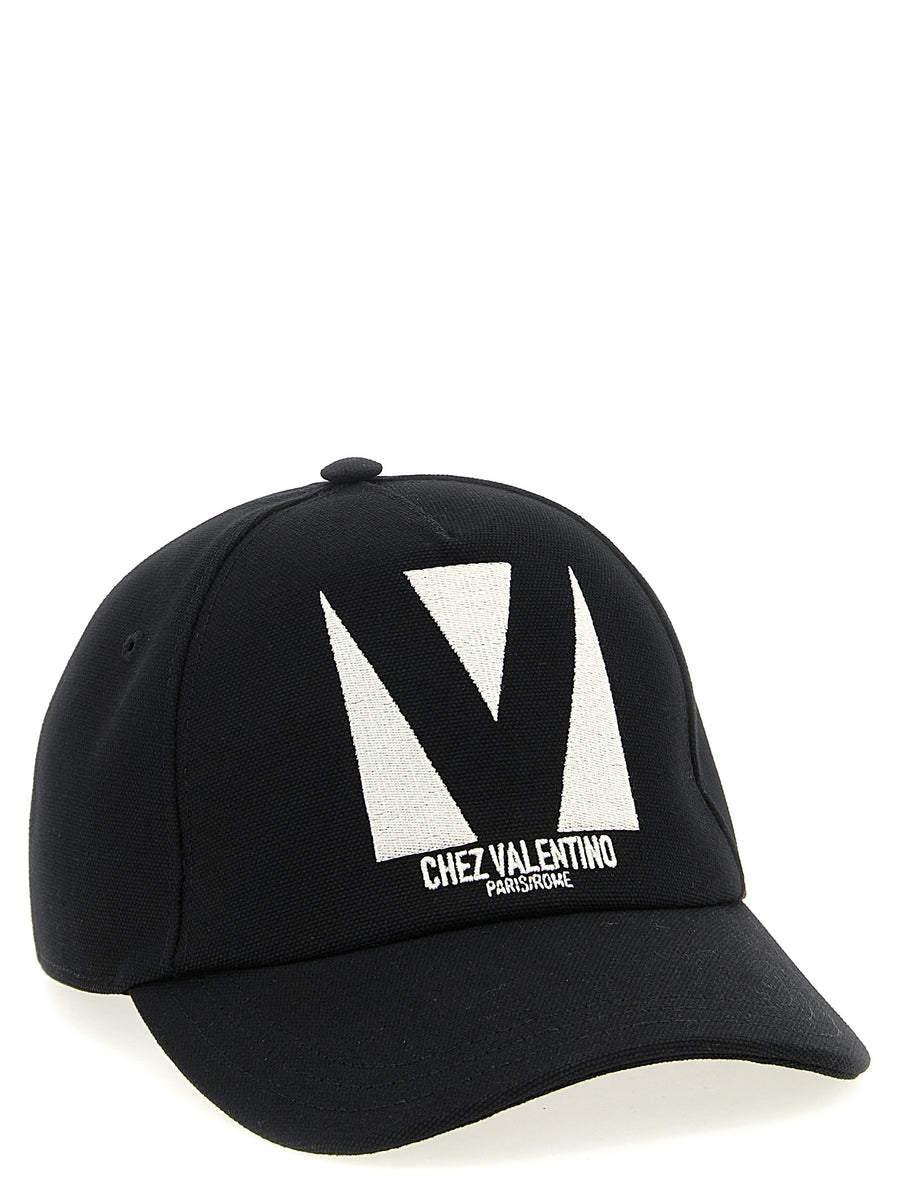 Valentino Garavani Chez Valentino Cap For Men, Black Cotton Hat With Front Embroidery And Adjustable Back