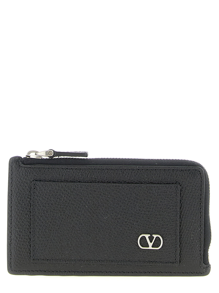 Valentino Garavani Vlogo Signature Coin Purse Black Calfskin with Zip Closure Card Slots Luxury for Men