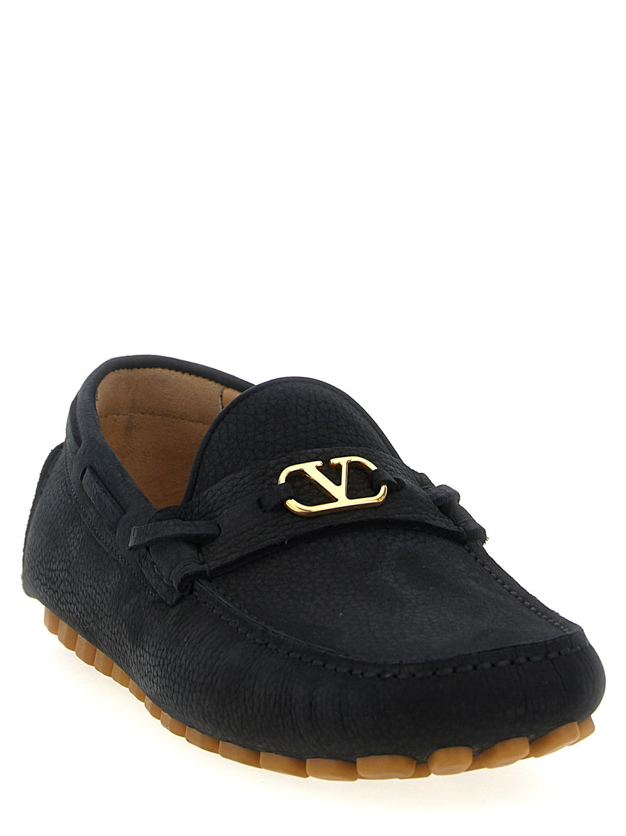 Valentino Garavani Driver Moccasins Fastaway for Men Premium Black Calfskin Leather VLogo Detail Rubber Sole